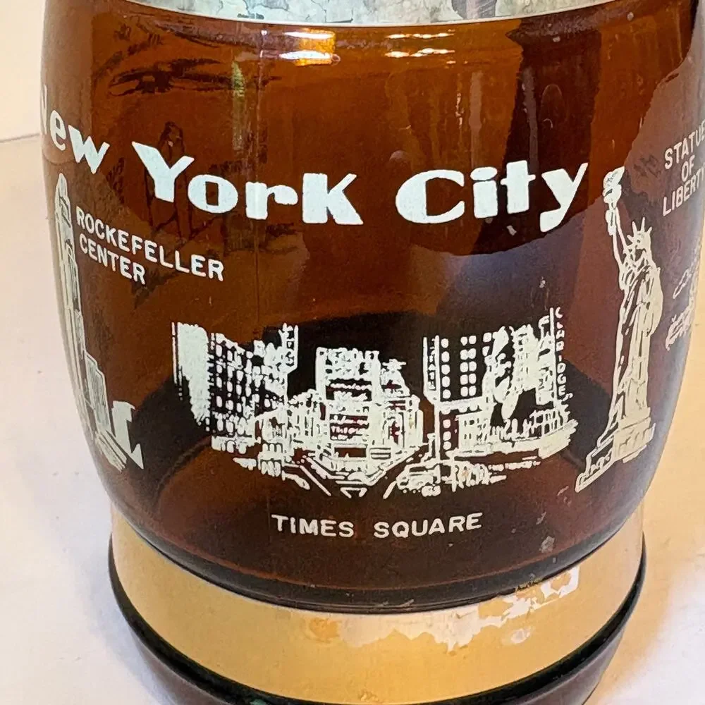 Vintage New York City NYC Souvenir Brown Glass Barrel Mug Wood Handle